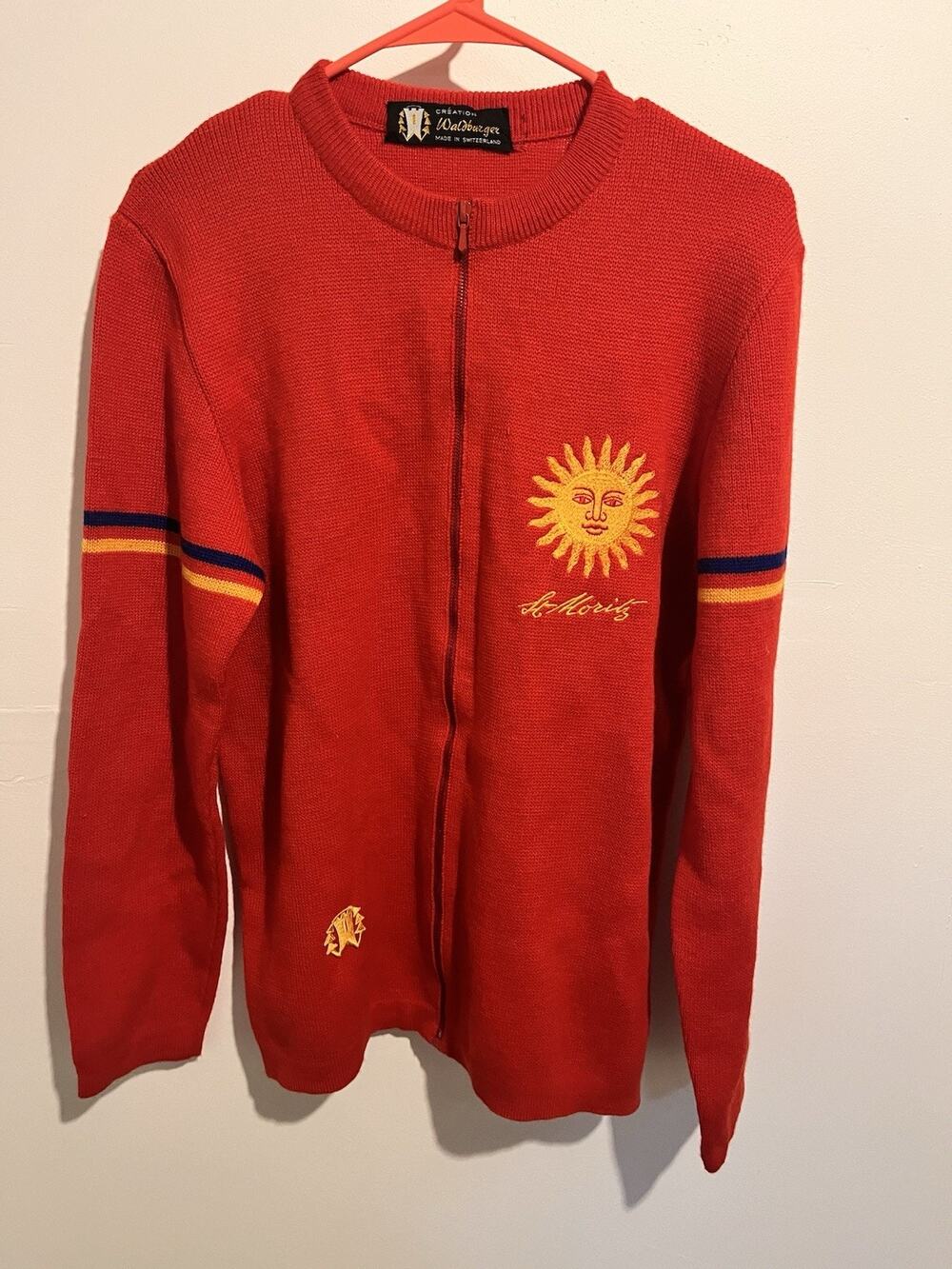 Vintage red knit “Creation Waldburger” Zip up Cardigan embroidered St Moritz sun